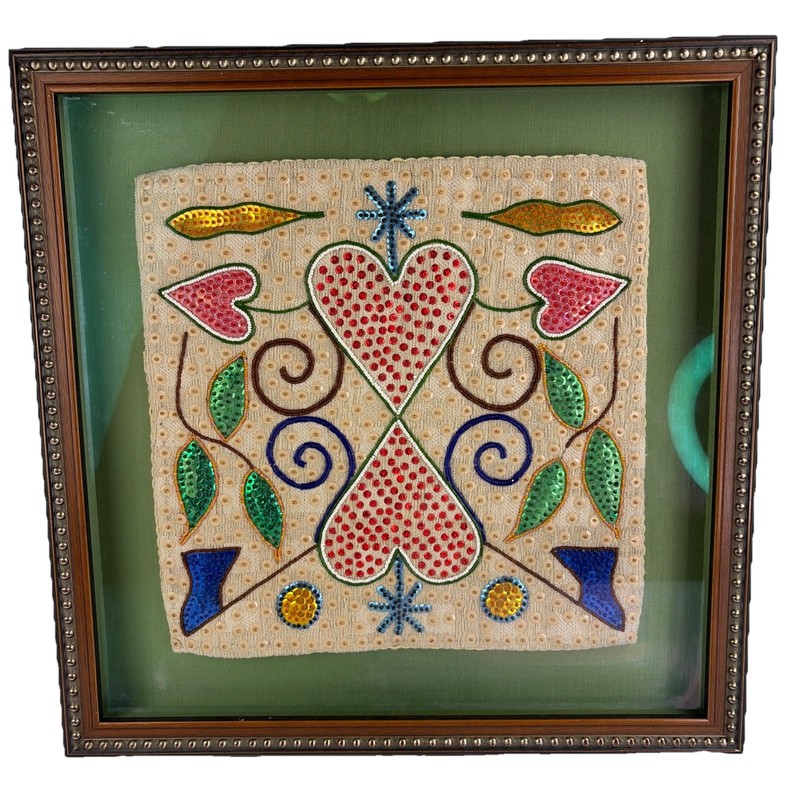 Vintage Framed HAITIAN Vodou Voodoo Drapo FLAG Sequins Hearts