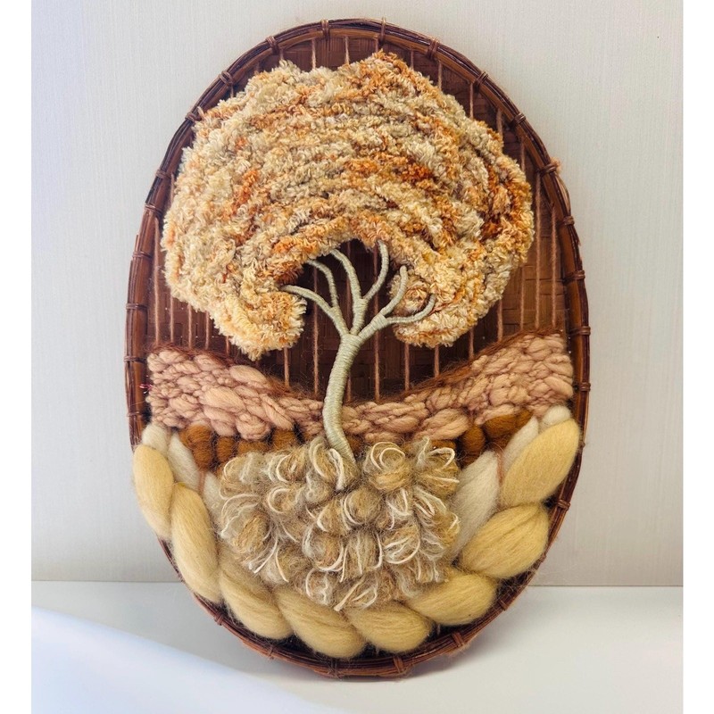Vintage Boho Tree of Life Woven on Basket Wall Decor Fiber Art