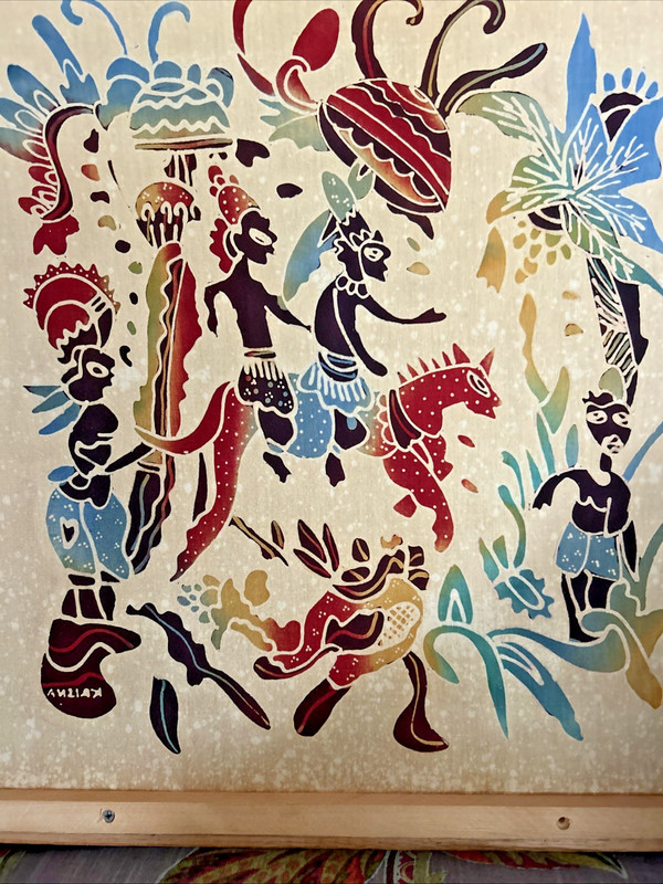 Vintage Batik Textile Stylized Figures Indonesian Art By Krishna Framed 18" X19" gallery