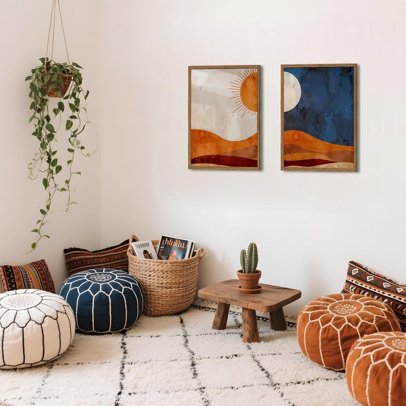 Framed Boho Sun and Moon Canvas Wall Art Set of 2, Vintage Western Desert Lan... gallery