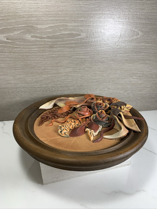 Tooled Leather Flowers Sculpture Art Wooden Wall Plate Vintage 9” Diameter gallery