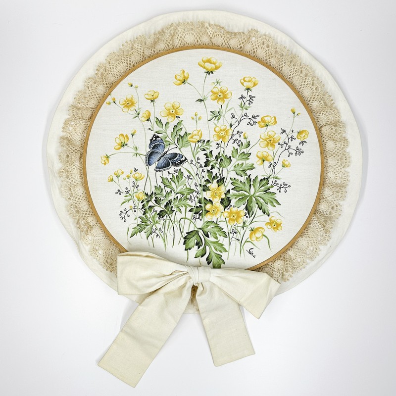 Vtg Handmade Embroidery Hoop Wall Art Butterfly Flowers Cottagecore Country Farm