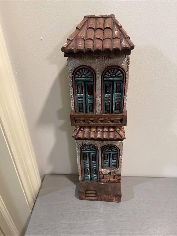 Antique wood carving board of Street building in City Green Door Windows 15”H gallery