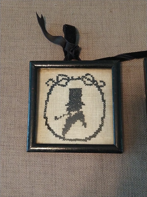 2 Early 1900 Crossstitch Of Top Hat Man And Woman, Note On Back, Antique gallery