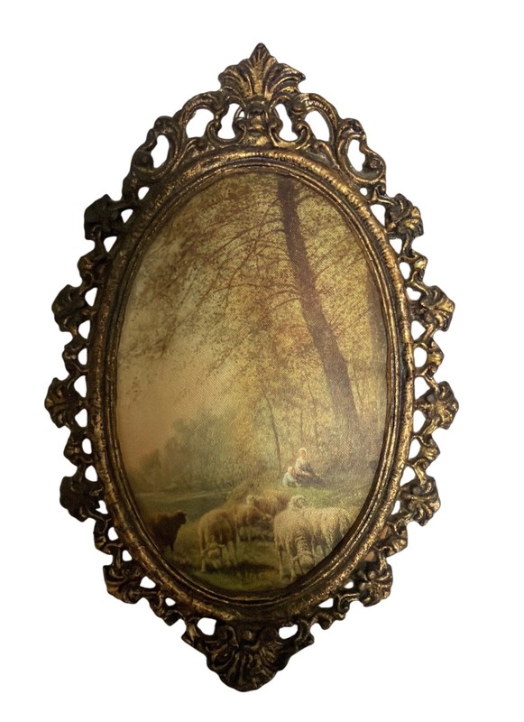Vintage Oval Silk Wall Plaque Ornate Metal Frame Pastoral Sheep Shepherd Scene gallery