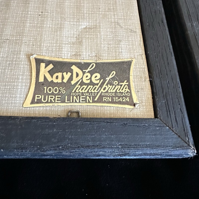 1950s Kay Dee Mid Century Pair Mini 100% Linen Farmhouse Handprints Made In USA gallery
