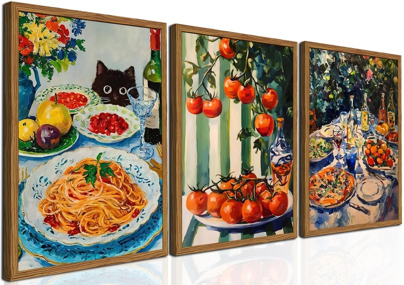 Framed Vintage Italian Kitchen Canvas Wall Art Set of 3, Funny Black Cat with…