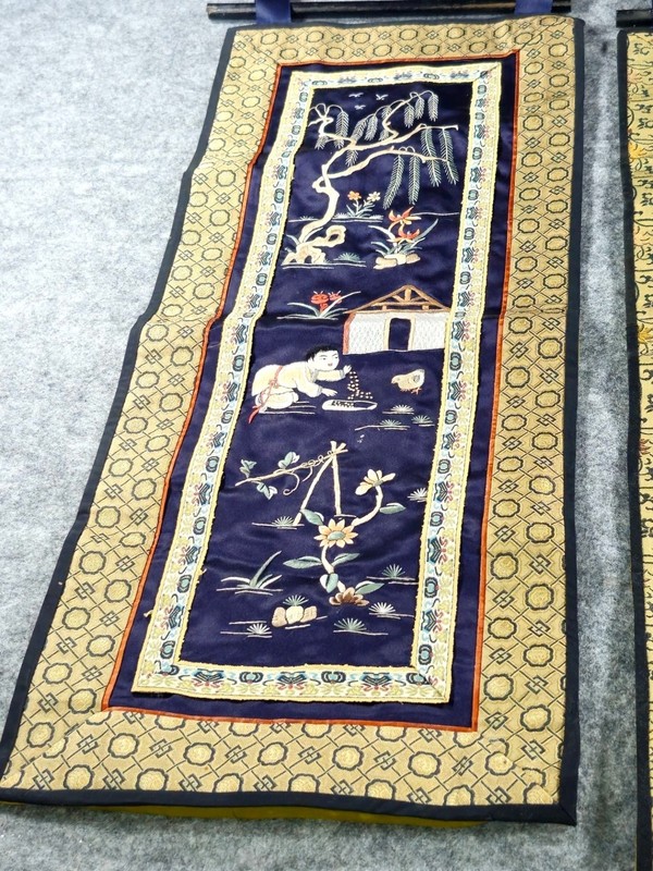 Vintage Chinese Silk Embroidered Wall Hangings Tapestry Scenic Design Gold Green gallery
