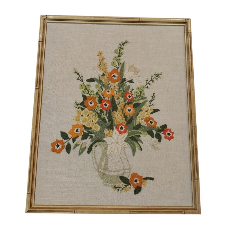 Vintage Floral Symphony Framed Textile Needlepoint Embroidered Flower Wall Art