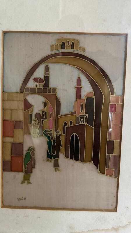 vintage Hand Painted Silk Art Jerusalem Scene Framed Manor Gallery of Art Israel gallery