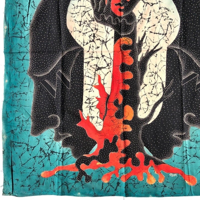 Balinese Batik Art Panel psychedelic tree hand head faces Bali Indonesia vintage gallery