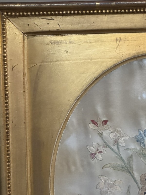 Antique Circa 1800 Silk Floral Embroidery in Water Gilt Frame gallery