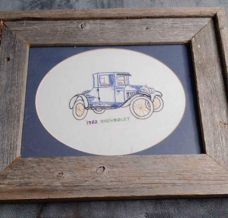 Vtg 1922 Chevrolet Cross Stitch Wood Frame Vintage Art 16in x 13in