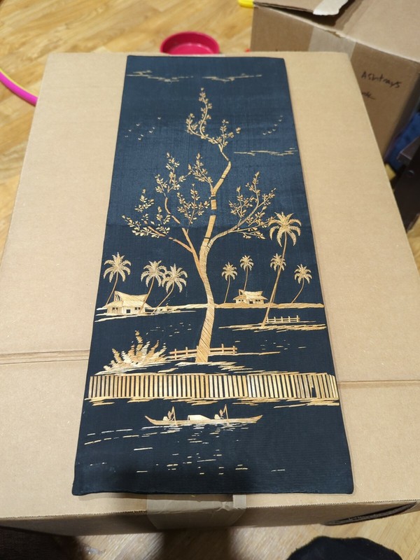 Straw Bamboo Hand-made Island Folk Art On Black Silk Fabric Wall Decor India (4) gallery