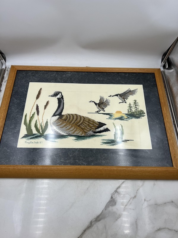 Vintage Cross Stitch Art Framed 1987 Canada Goose Signed MaryEun Smith Birds