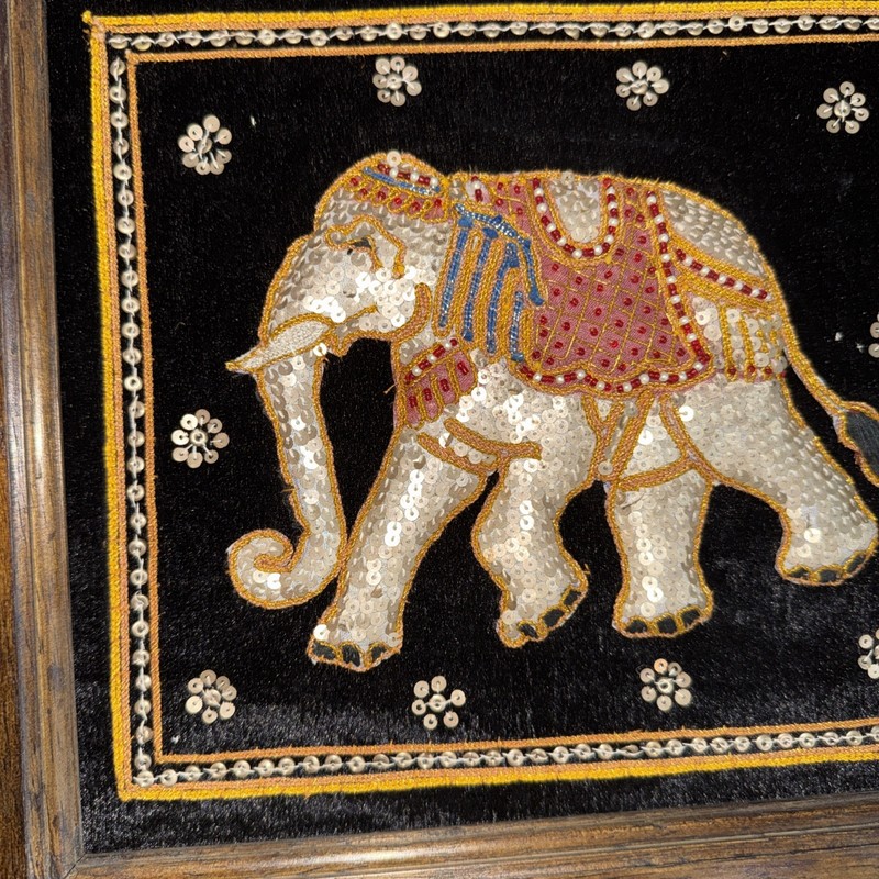 VINTAGE THAI PEARL BEAD SEQUIN WOOD FRAMED ART ELEPHANT BLACK VELVET 15.5”x14” gallery