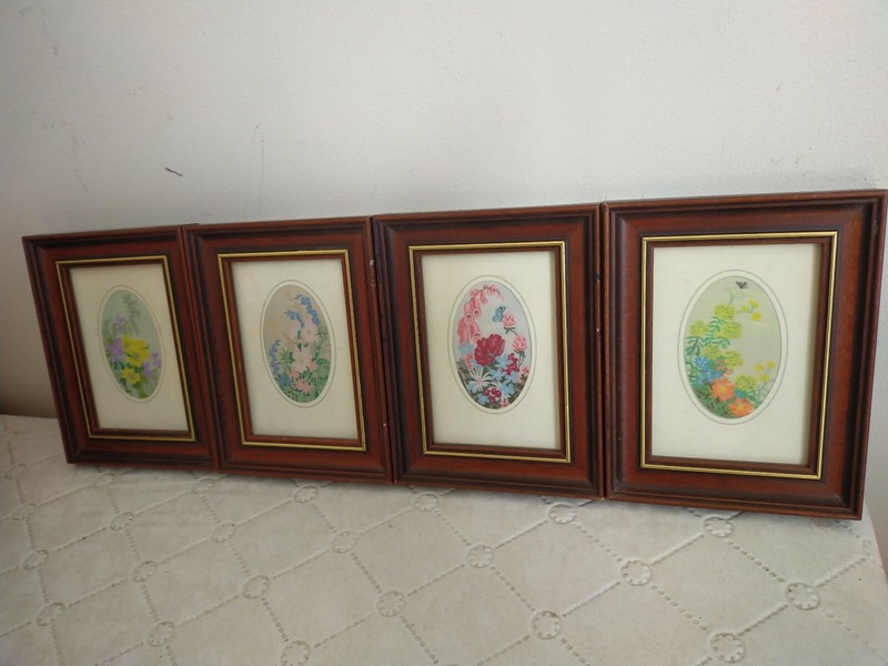 4 x vintage Woven silk floral framed Pictures 12.5 cm X 16 cm each,
