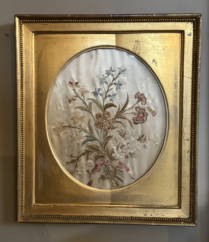 Antique Circa 1800 Silk Floral Embroidery in Water Gilt Frame
