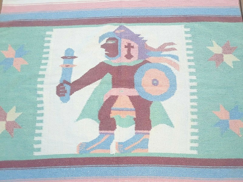 VINTAGE WOOL BLANKET RUG ZAPOTEC (?) MEXICAN MAYAN AZTEC SOUTHWEST ART gallery