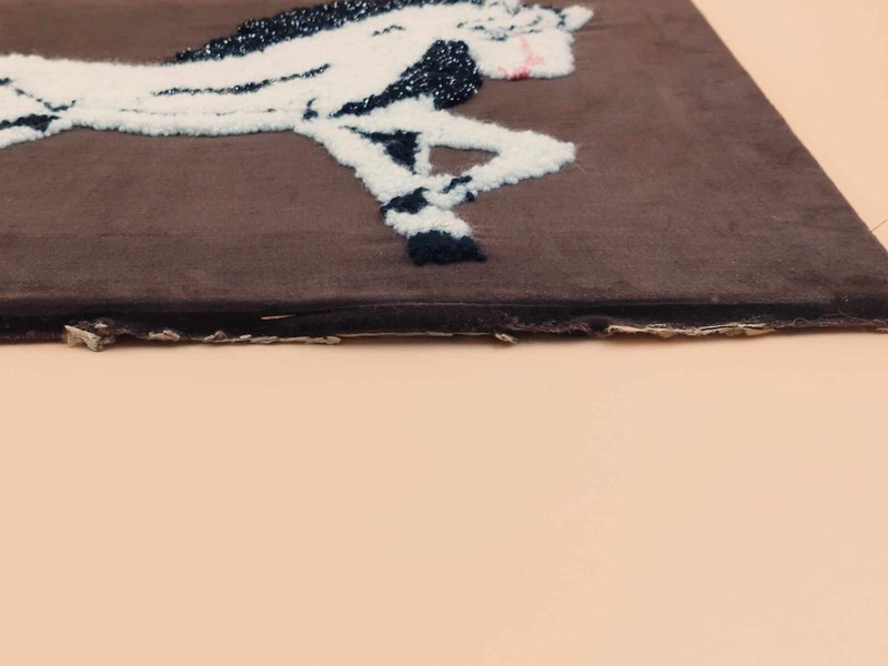 Horse Yarn Art Completed White Black on Brown Frabric Textile Art 20" X 15" gallery