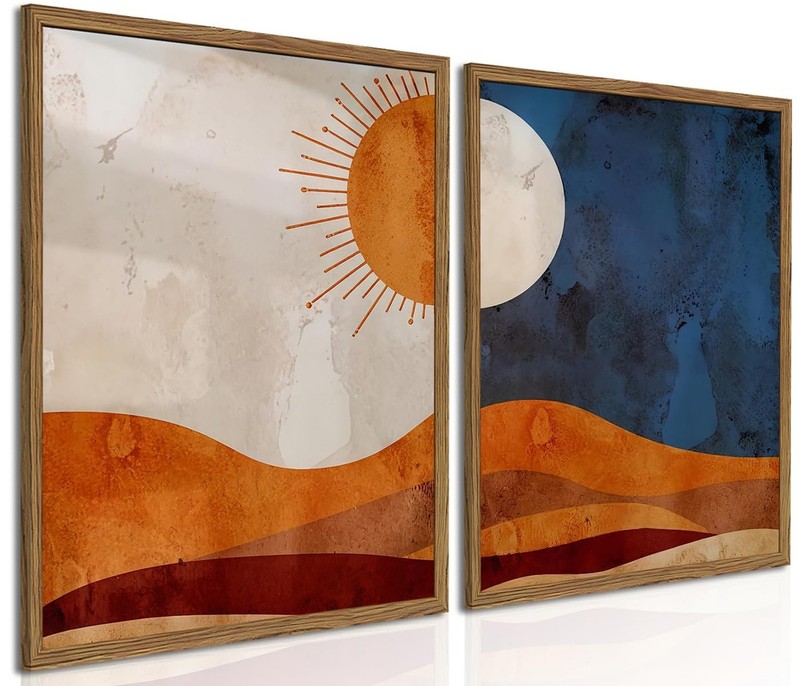 Framed Boho Sun and Moon Canvas Wall Art Set of 2, Vintage Western Desert Lan...