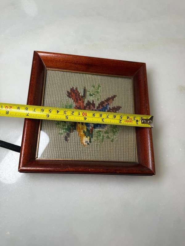 Vintage needlepoint cross stitch bird embroidery framed under glass gallery