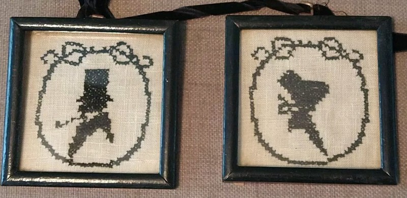 2 Early 1900 Crossstitch Of Top Hat Man And Woman, Note On Back, Antique