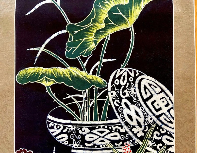 Rare & Unique HANDMADE Chinese Scroll Wax Printing/Batik Wall Decor  Lucky Lotus gallery