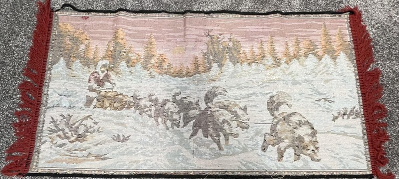 Sled Dog Winter Scene Tapestry Wall Hanging Red Sunset Folk Art Fringe Ends gallery