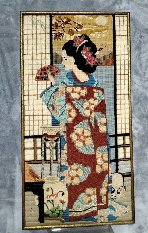 Vintage Handmade needlepoint Geisha Kimono Fan Wool Gold Framed 29″x 15″ 1983