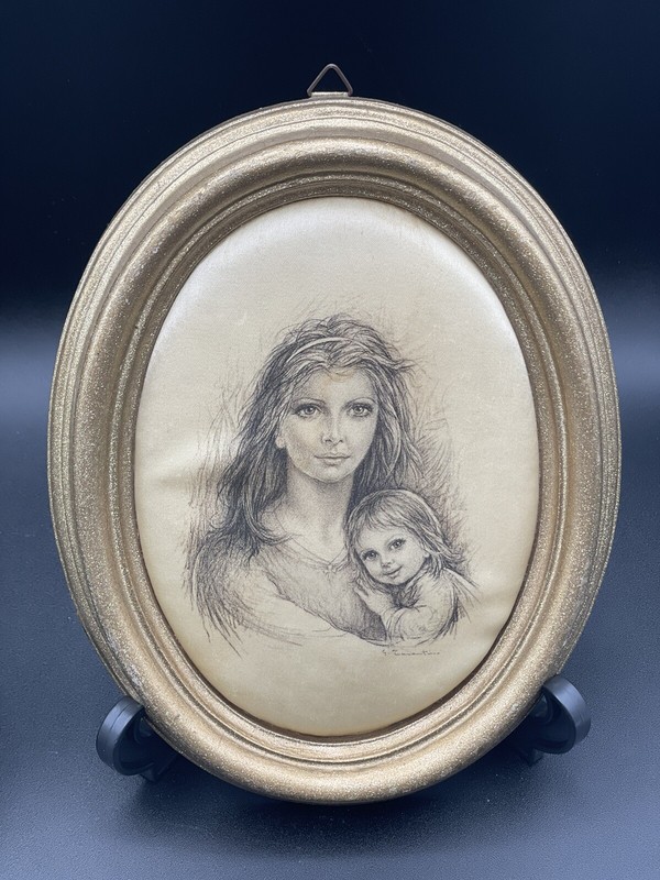 Vintage Giuseppe Tarantino 2 Silk Paintings Mother Child Nursery Decor Italy gallery