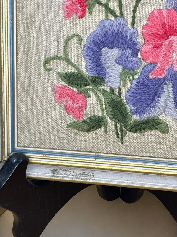 Crewel Embroidered Flower Framed Art 8 & 3/8” Square Vintage Cottage Floral gallery