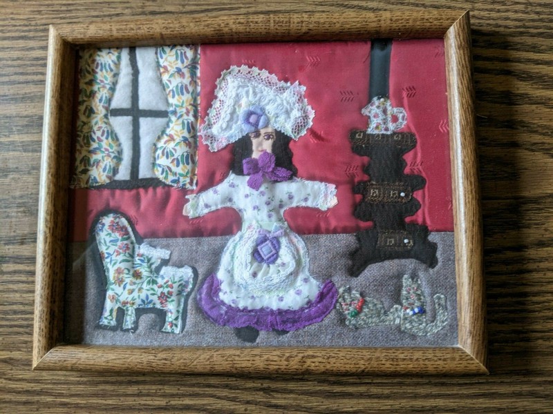 Folk Art Handmade Fabric Sewn Victorian Parlor Picture
