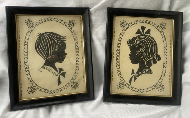 Vintage Painted Silhouette in VTG Solid Wood Frame Black White Girl Boy READ