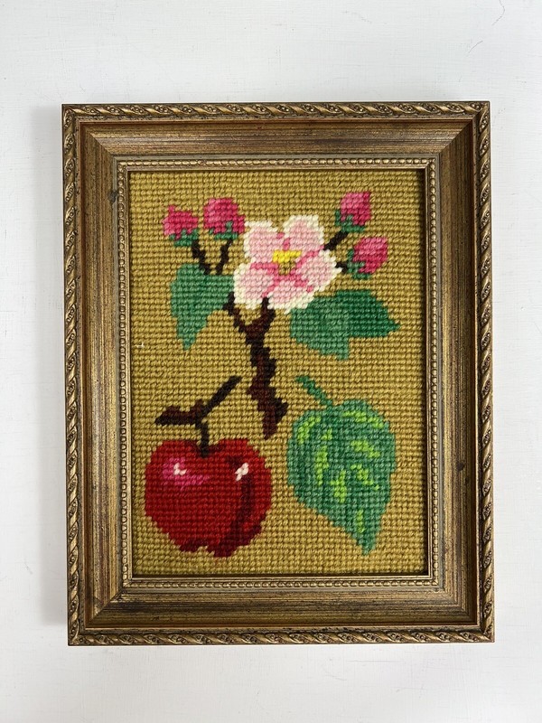 Vintage Framed & Signed Needlepoint Apple Blossom Leaf Nature Gold Background