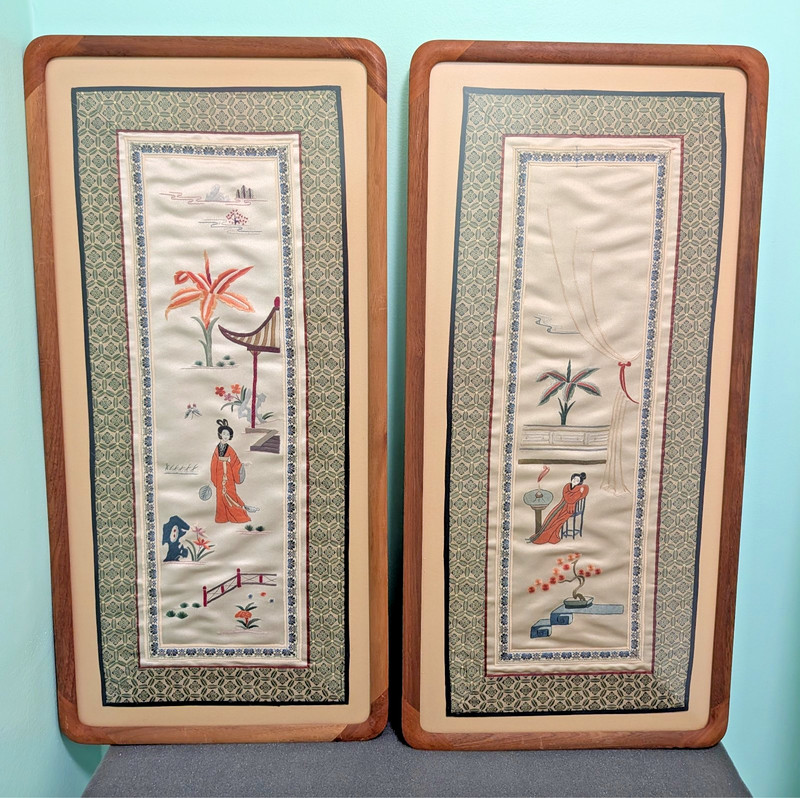Vintage 1950s Chinese Framed Silk Embroidered Panels, Set of 2: 13.5x28"