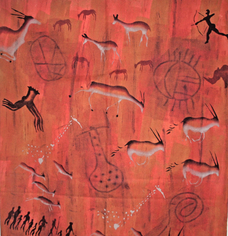African Bushman Painting Khoisan Rock Art Orig Large Signed Jahman Fabric 69″VTG