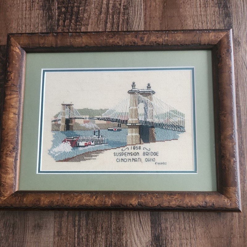 VINTAGE Signed NEEDLEPOINT Yarn Art Roebling Suspension Bridge Cincinnati OH
