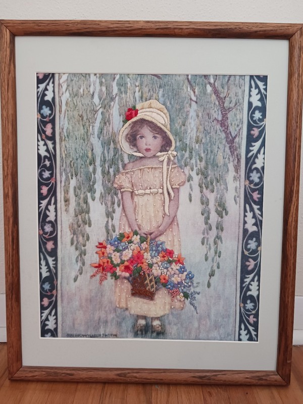Jessie Willcox Smith Rebecca’s Portrait Flower Basket Embroidery Framed w Mat Ar