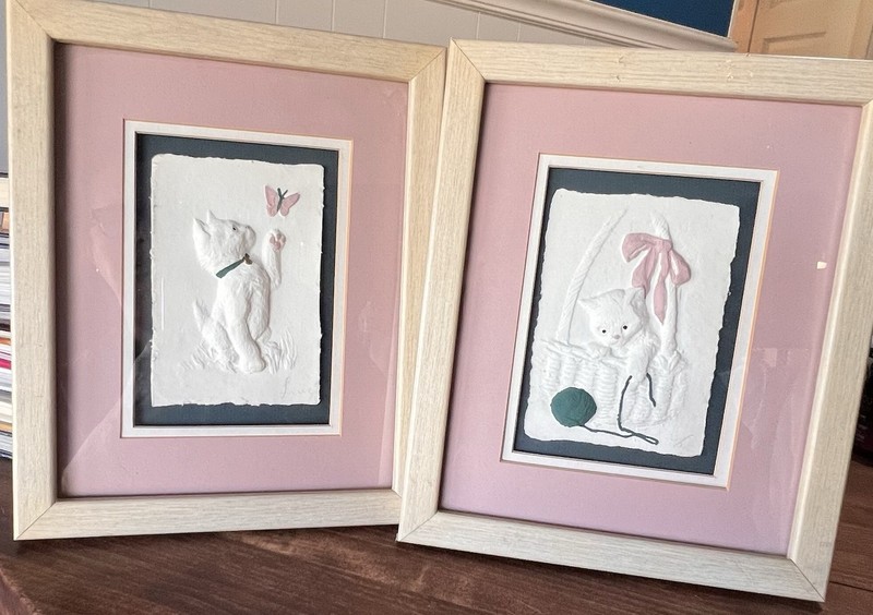 2 Framed Vintage Artwork 80s Embossed Paper White Cat Kitten Kay French Style