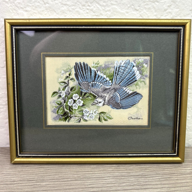 Cashs Silk Woven Miniature Picture Blue Bird Blue Jay England Framed Vintage