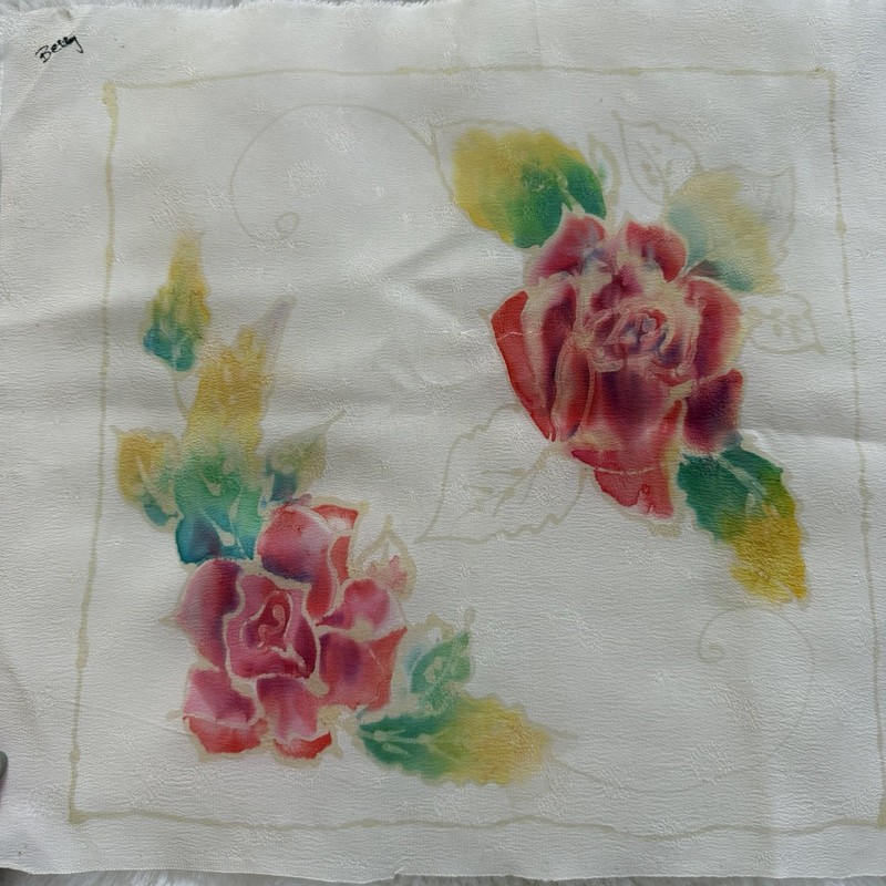 Hand Painted Silk Rose Floral Art Panel 11x12 Signed Betty Vintage Textile gallery