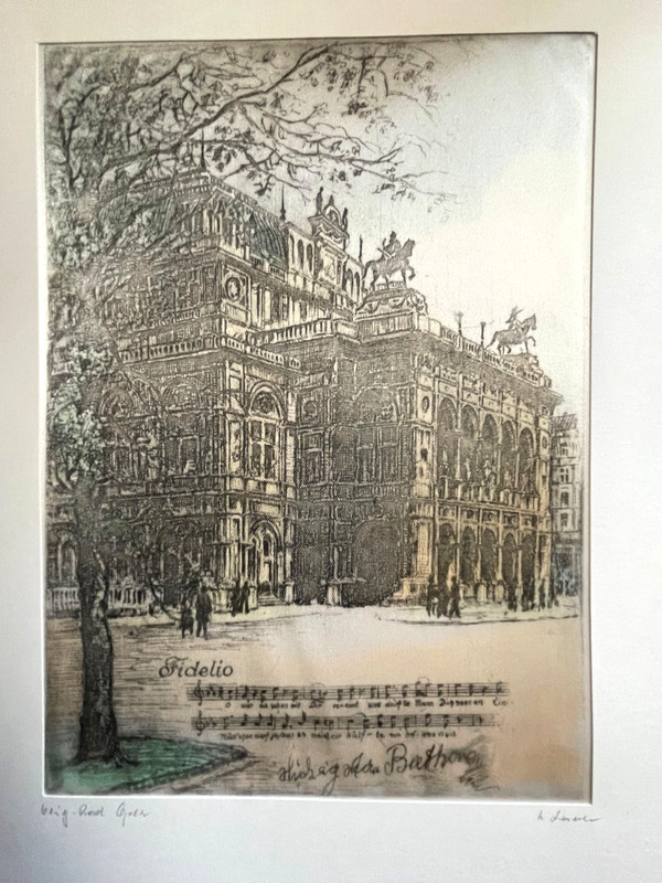 Vintage Hans Leisch Austrian Etching on Silk, Signed Opera House, Vienna