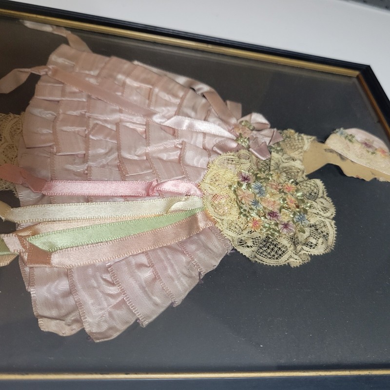 Antique Art Framed Fabric Woman Lady Bonnet Dress Flowers Bouquet Victorian gallery