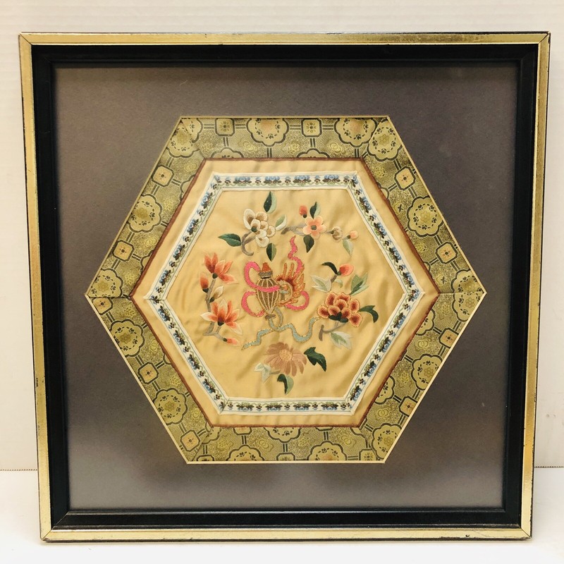 Vintage Silk Embroidered Framed Art Handmade 15 x 15 gallery