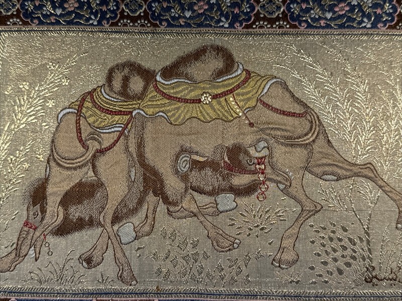 Signed Vintage Silk “Two Camels Fighting “ Persian Tapestry Needle Point Indian gallery