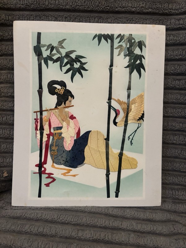 vintage Asian art piece made from hand-cut and painted wheat stalks on silk