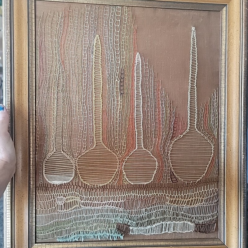 MCM Fabric art framed brown's neutrals OOAK Loose chain Eclectic Hand Scottsdale gallery