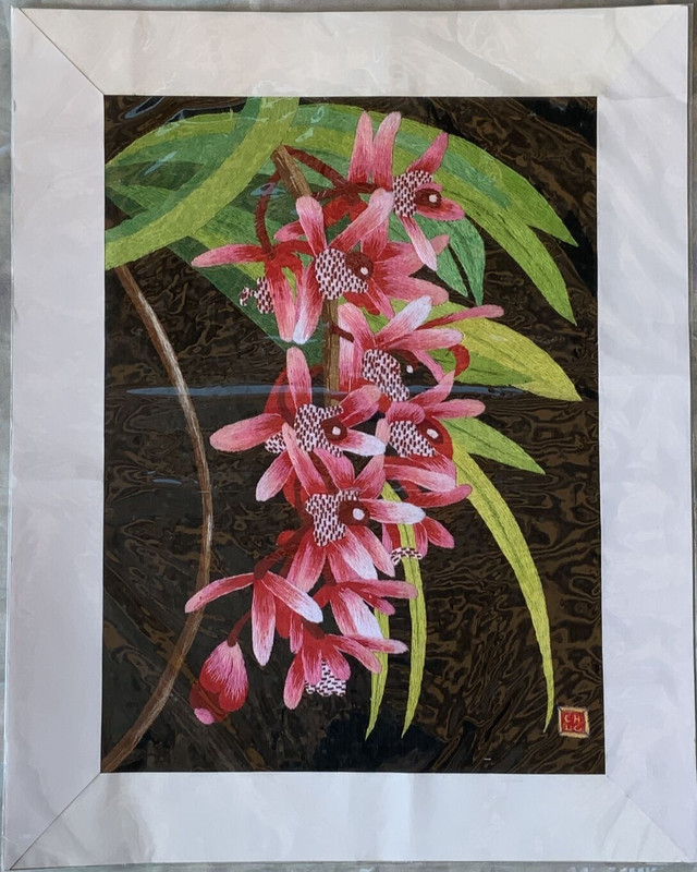 MINT Signed Vietnamese Floral Embroidery Painting Handmade Silk Thread Art Matte