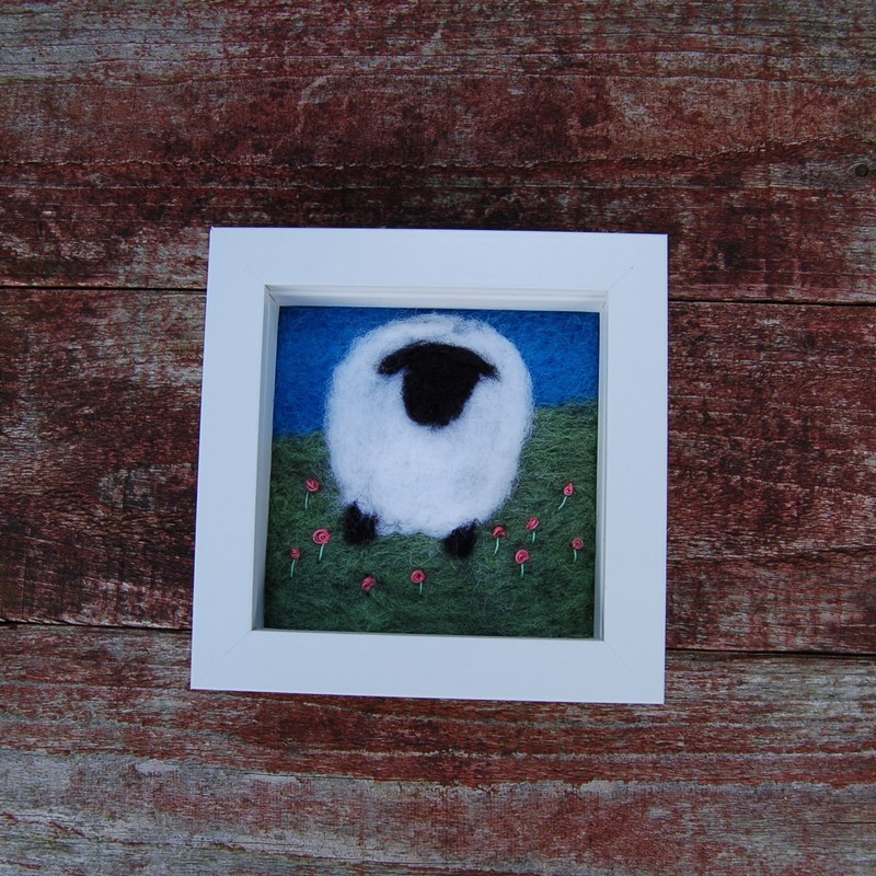 Sheep amongst flowers, textile art, fibre art